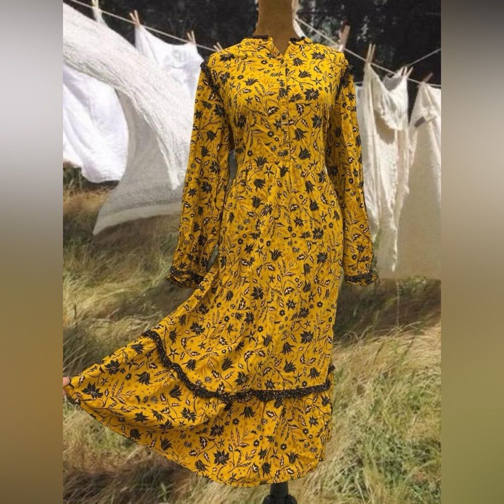 Cottagecore Prarie Feminine Midi Dress Floral Print Ruffle Modest Work Career